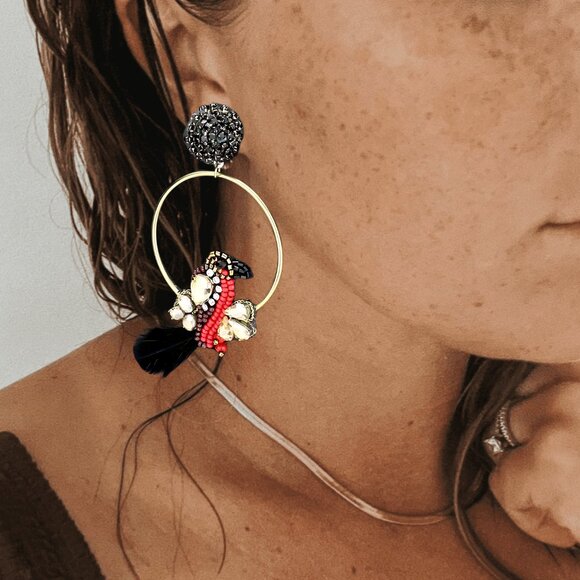 Parrot on a Perch Austrian Crystal Beaded Feather Hoop Earrings - Picture 2 of 2